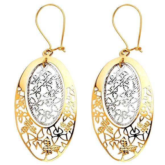 14K Two Tone Gold Butterfly Cut Out Oval Earrings